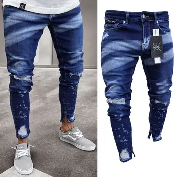 Image of 2019 Brand New Style Stylish Men's Ripped Skinny Jeans Destroyed Frayed Slim Fit Denim Pants Trousers