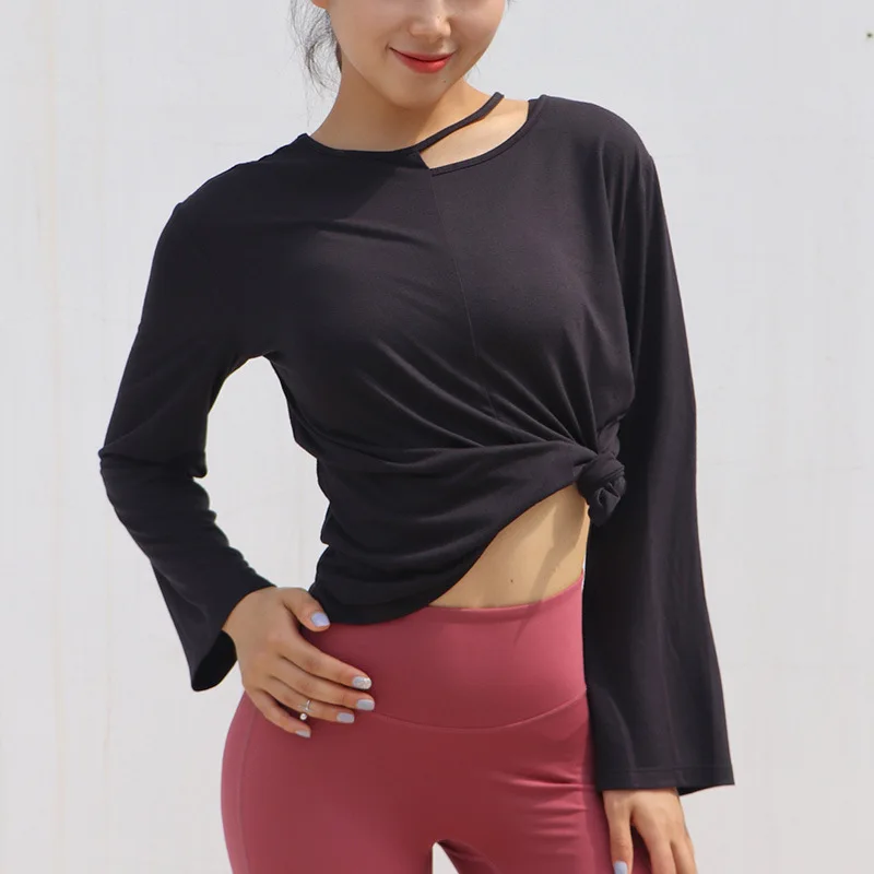 Женские нерегулярные сексуальные свободные рубашки для йоги дышащие расклешенные Длинные рукава Осенние новые женские спортивные футболки для бега Быстросохнущий Топ