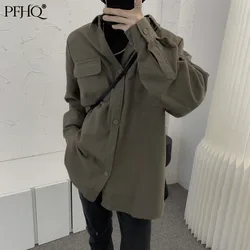 Pfhq 2021 nova moda masculina solta cor sólida lapela estilo coreano tendência single breasted camisa casual outono e inverno 21e4810
