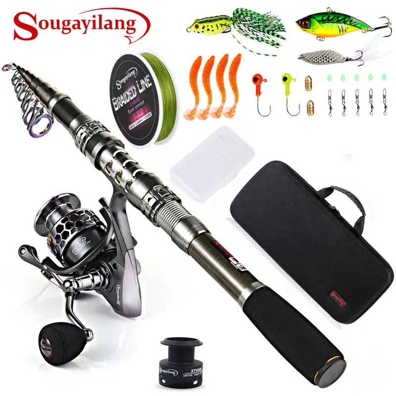 Online Pesca sougayilang Rod Combos con telescópica caña de pescar girando carretes de pesca bolsa señuelo línea conjuntos para viajes de pesca