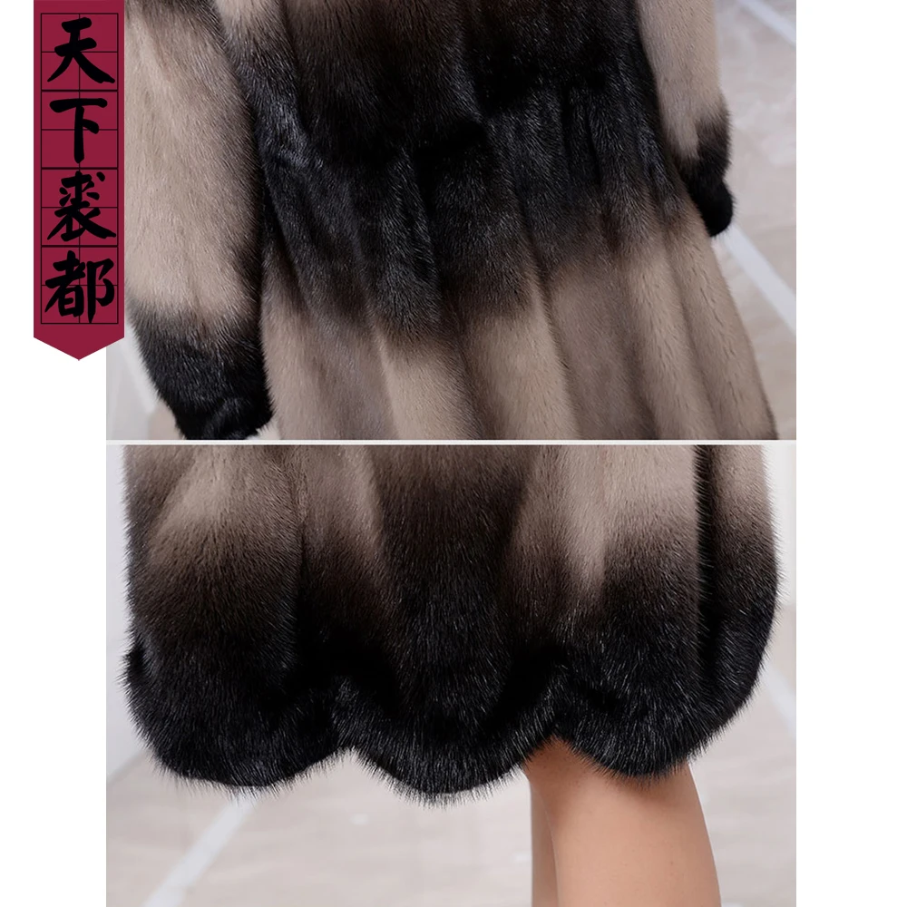 Brand Denmark Mink Whole Fur Women Long Coat Winter Thick Slim Warm Female full pelt Mink Fur Hooded Jacket brand Gradient