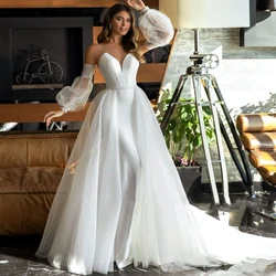 Pukguro Boho Wedding Dresses 2 In 1 Detachabl Train 2021 New Satin V Neck Bridal Gown Beach Princess Robe De Mariage