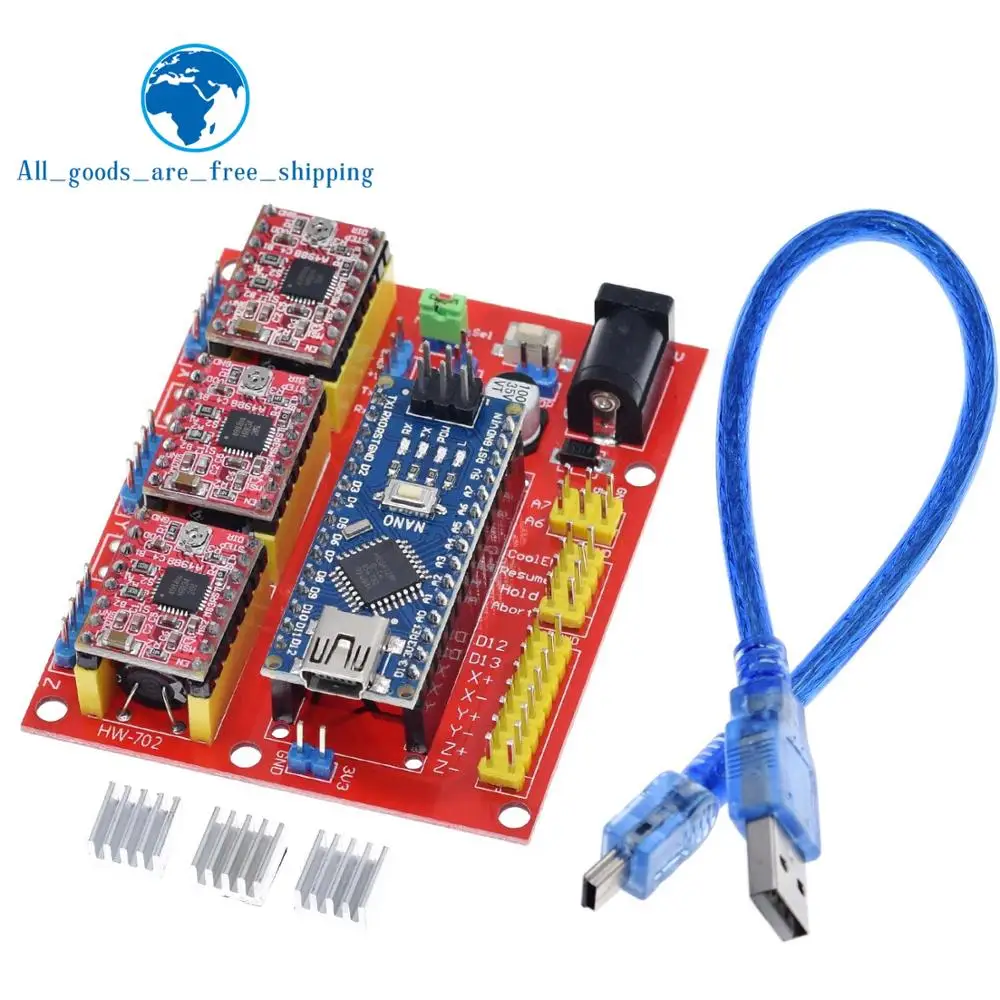 

TZT 3DV4 CNC Shield V4 + Nano 3.0 + 3pcs A4988 Reprap Stepper Drivers Set For Arduino