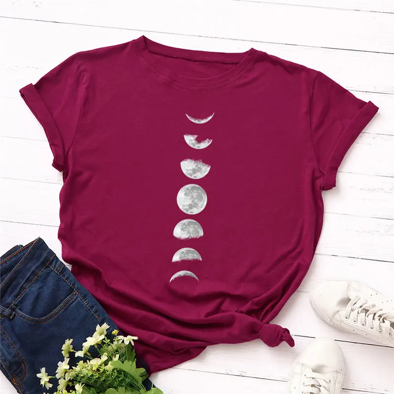 Футболка размера плюс S-5XL с принтом "New Moon Planet", женские футболки из хлопка с круглым вырезом и коротким рукавом, женские футболки, топы, повседневные футболки