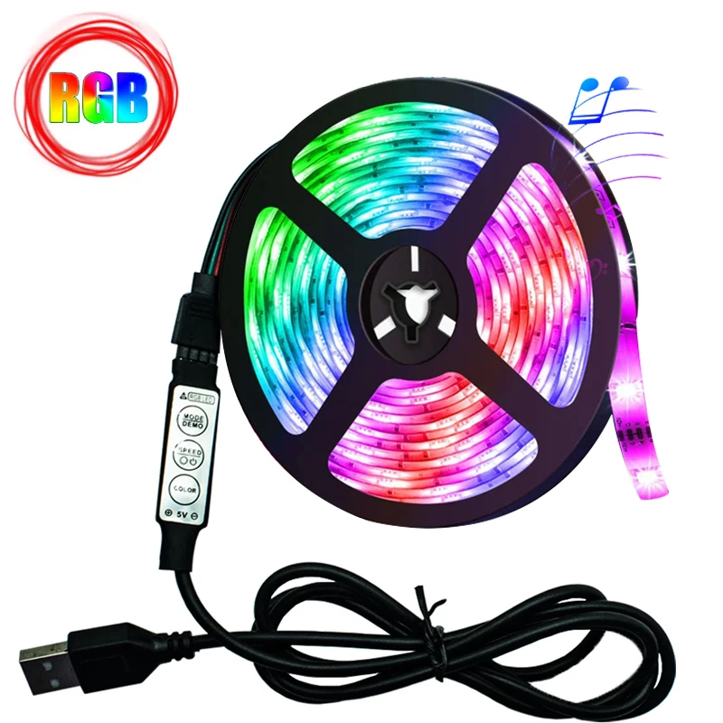 Светодиодная лента гибкая светящаяся SMD RGB 2835 с управлением через USB 1 м 2 3 4 5 в пост.