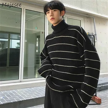 

Men Sweaters Striped Basic Leisure Turtleneck Simple All-match Korean Daily Sweater Mens Winter Loose Soft Knitting Warm Tops