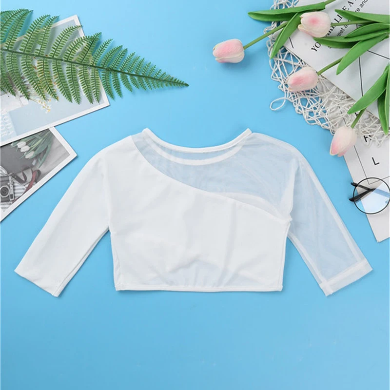 Kids Girls Asymmetrical 3/4 Sleeves Gymnastics Crop Top for Ballet Dance Wear Stage Performance Dancewear Gym Workout Crop Top