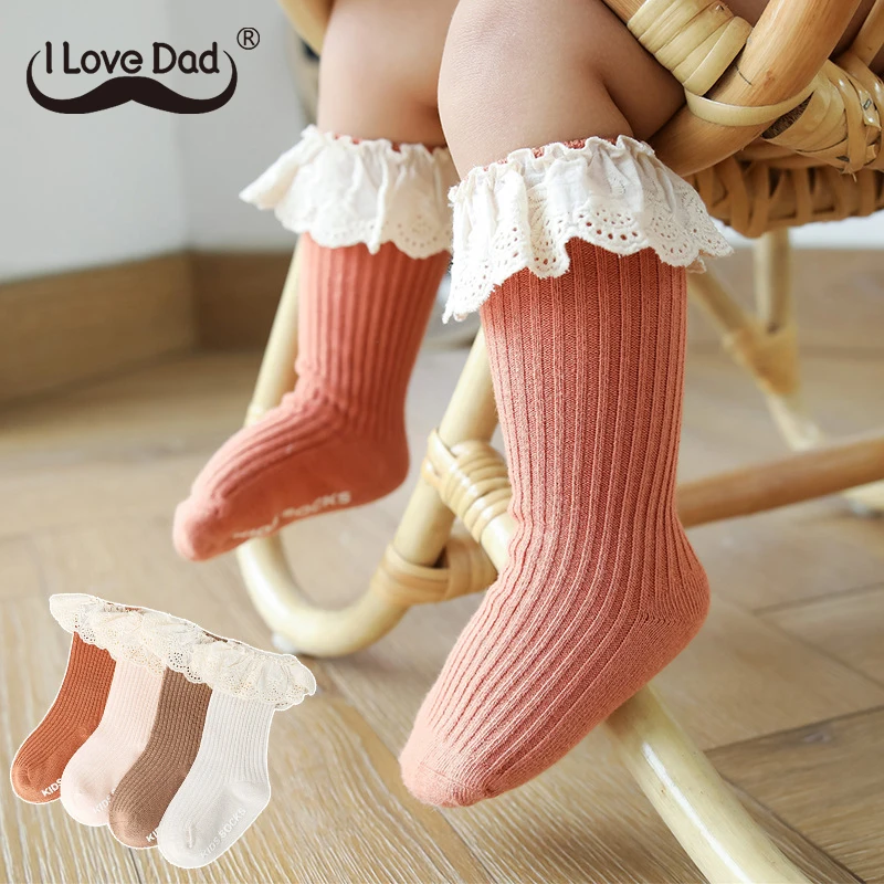 Calcetines de encaje de princesa para bebé, calcetín suave de algodón hasta la rodilla para niños y niñas, calcetines largos de Color sólido para primavera y otoño