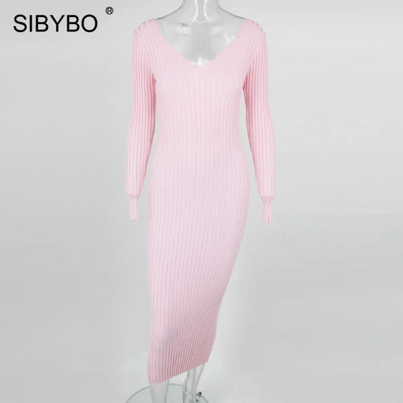 SIBYBO, зимнее трикотажное хлопковое платье в рубчик, женское сексуальное облегающее платье с открытыми плечами и длинным рукавом, однотонные вечерние платья с открытой спиной - Цвет: Розовый