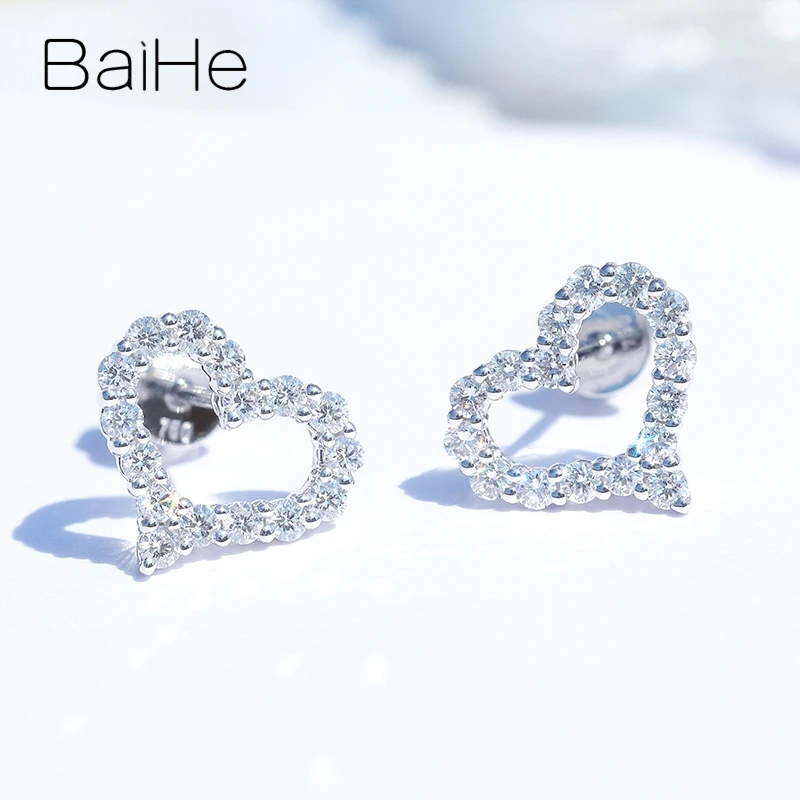 BAIHE Твердые 14 к белое золото всего 0.64ct H/SI круглые натуральные бриллианты женские мужские свадебные бриллиантовые серьги подарок сердце серьги-гвоздики