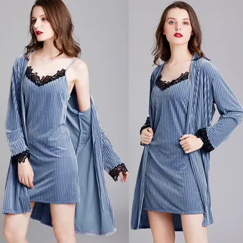 

Spring Velvet Sleepwear Dress 2020 NewWomen's Fashion Nightdress Sling Dress And Robes 2 piece Sets Home Service Sleep wear