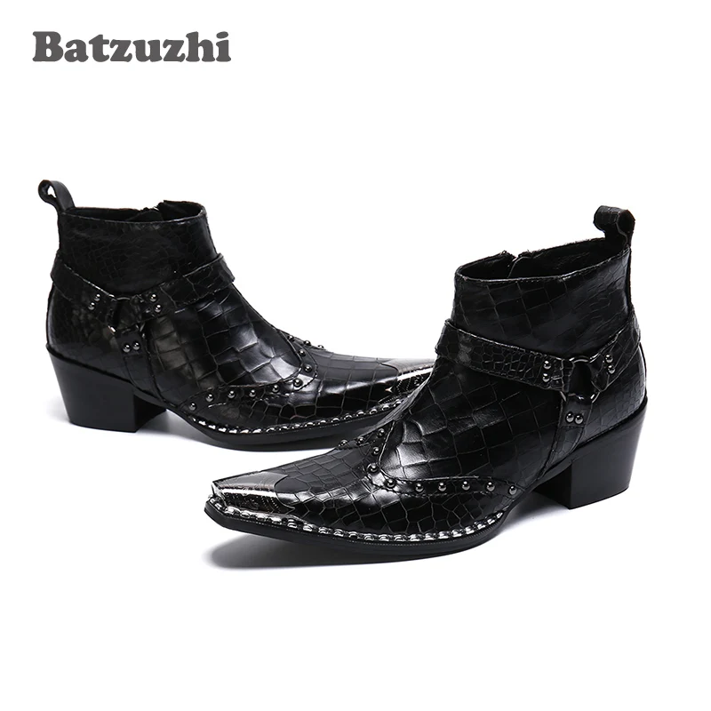 Batzuzhi Fashion Men Boots Pointed Metal Tip Black Genuine Leather Boots Ankle Motorcycle Boots Punk 6.5cm High Heels
