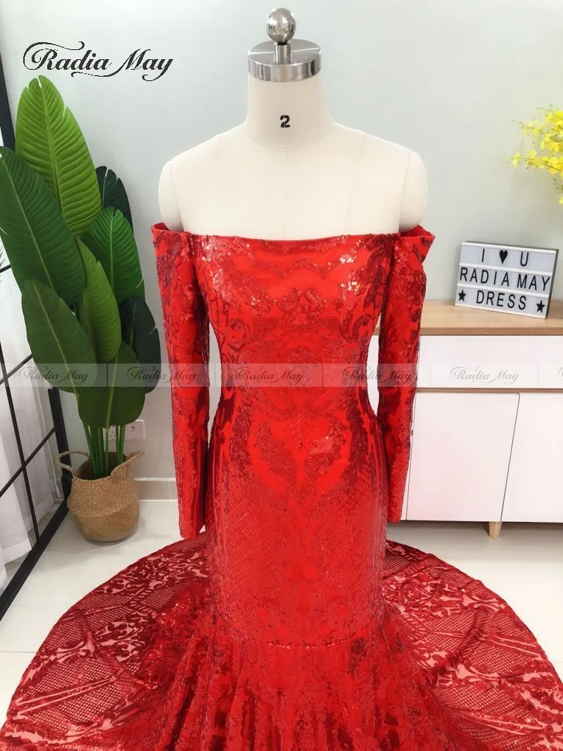 Elegant Off Shoulder Red Long Sleeves Mermaid Prom Dresses 2k19 Sparkly Sequin African Plus Size Formal Gowns Graduation Dress
