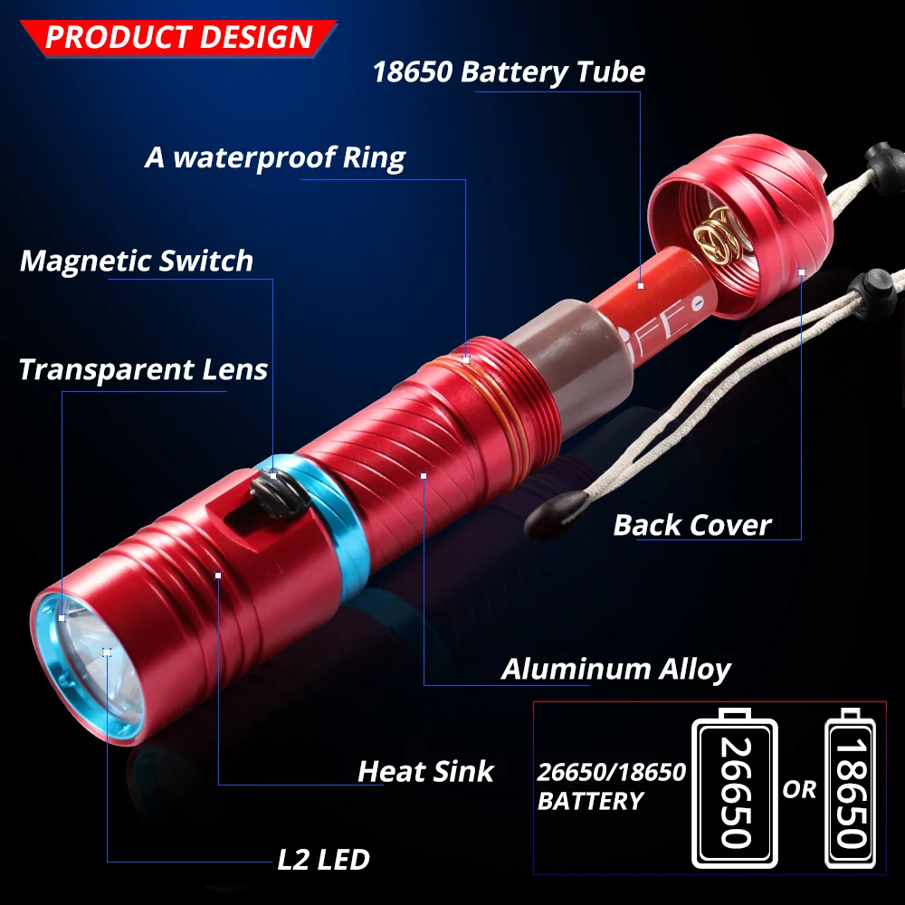 Мощный светодиодный фонарик L2 для дайвинга 100 м Водонепроницаемый Подводный