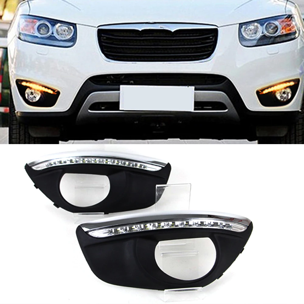 For Hyundai Santa Fe SantaFe 2010 2011 2012 Daytime Running Light DRL LED  Fog Lamp Cover With Yellow Turning Signal Functions