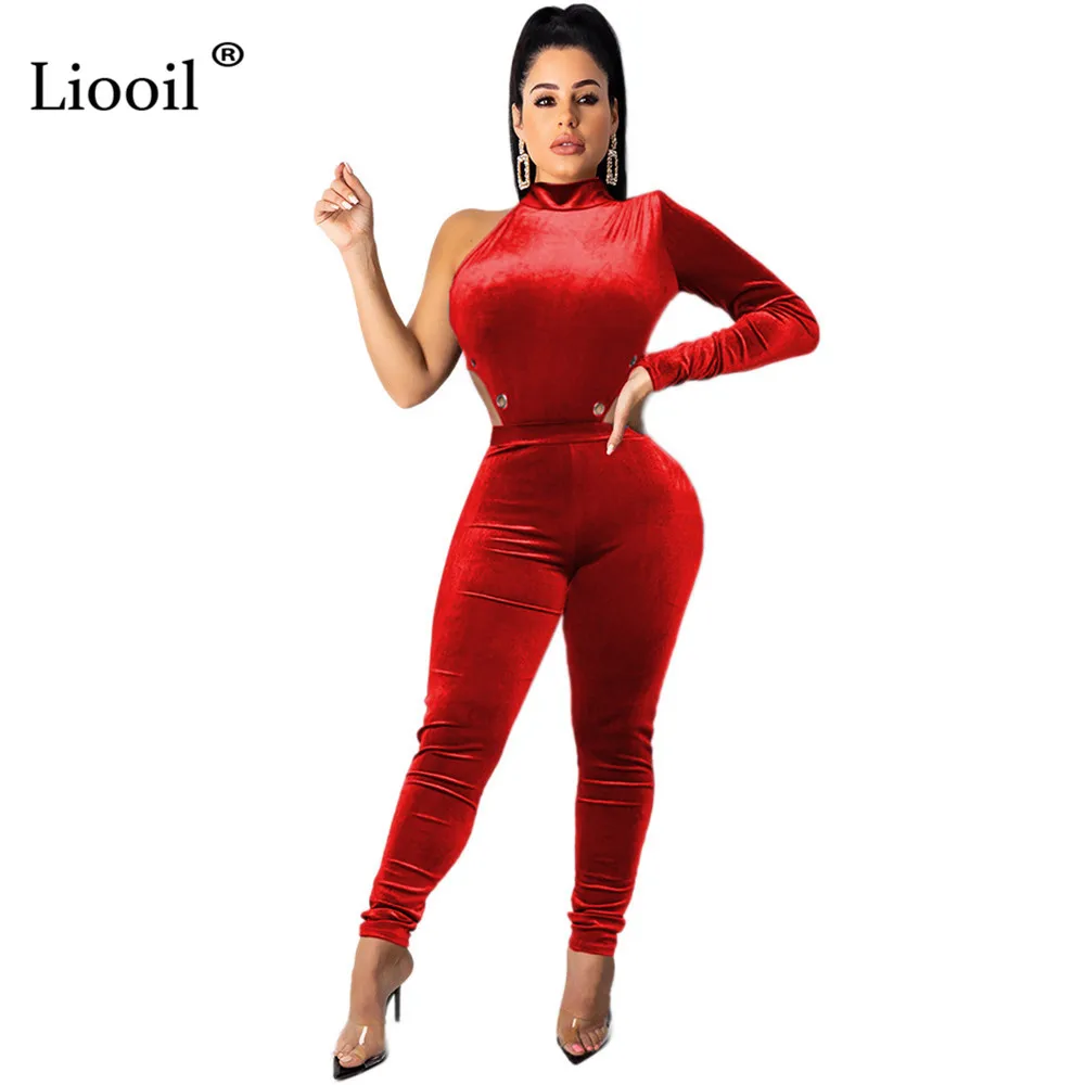 Liooil, синие бархатные боди и штаны из двух частей, весна, на одно плечо, облегающие, вечерние, сексуальные, Клубные наряды для женщин, подходящие комплекты
