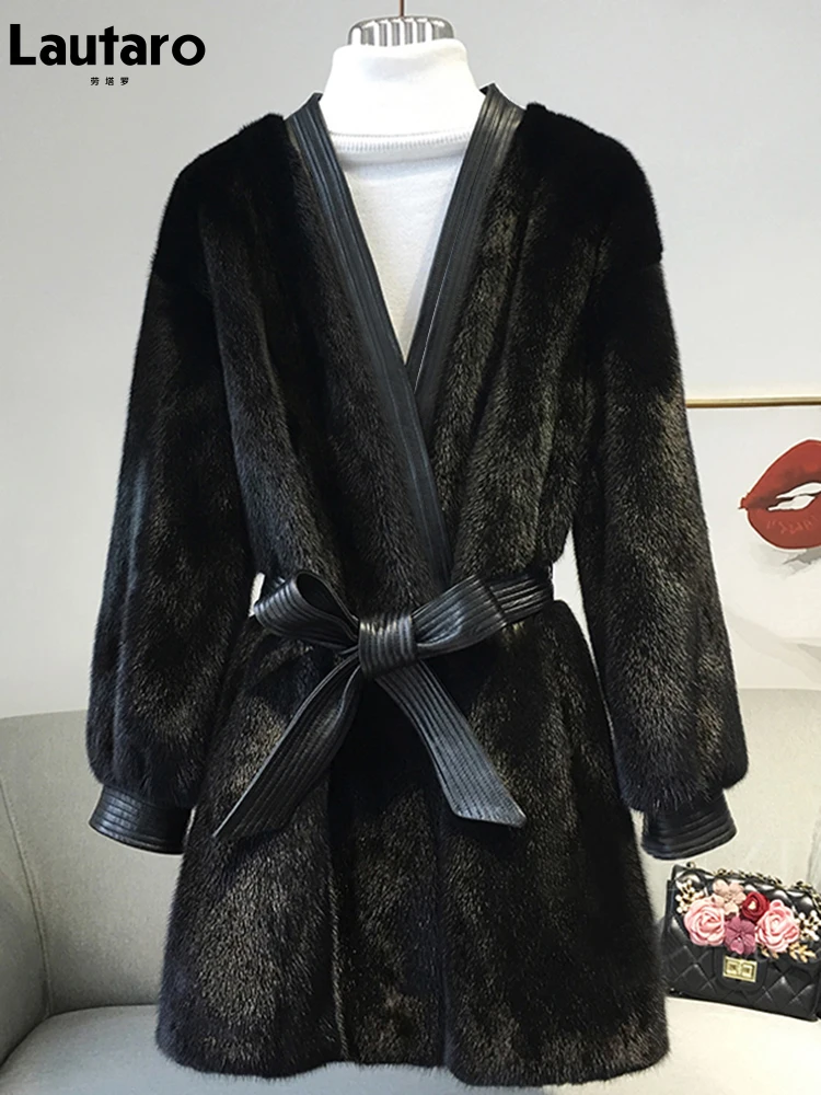 

Lautaro Winter Long Black Thick Warm Faux Mink Fur Coat Women with Deep V Neck Long Sleeve Leather Belt Korean Fashion 2021