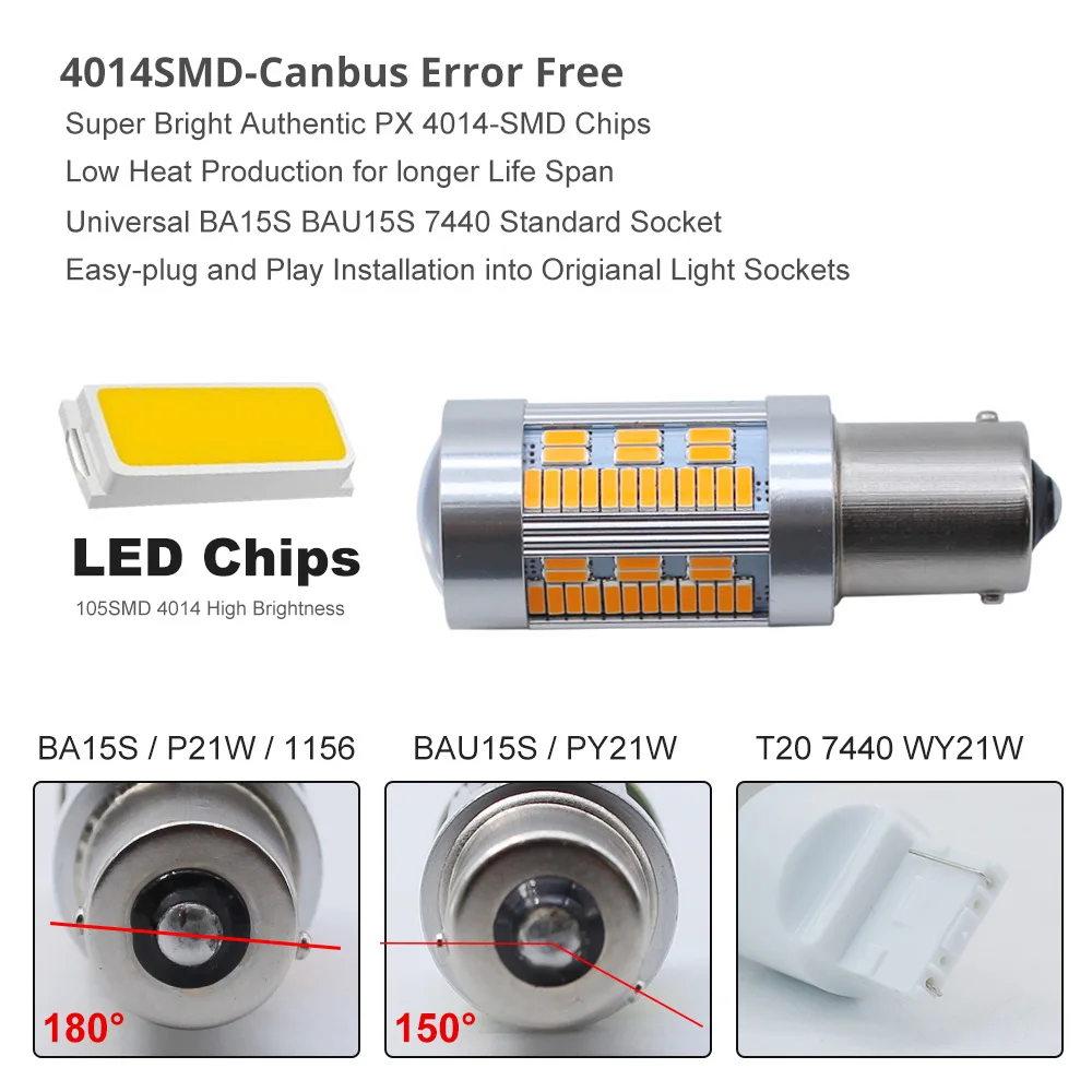 2 шт./компл. Автомобильный светодиодный сигнальный фонарь 1156 T20 BA15S 105SMD 4014 лампочка Золотой Желтый автомобильный сигнал поворота обратный тормозной Свет 18 Вт 12 В/24 В