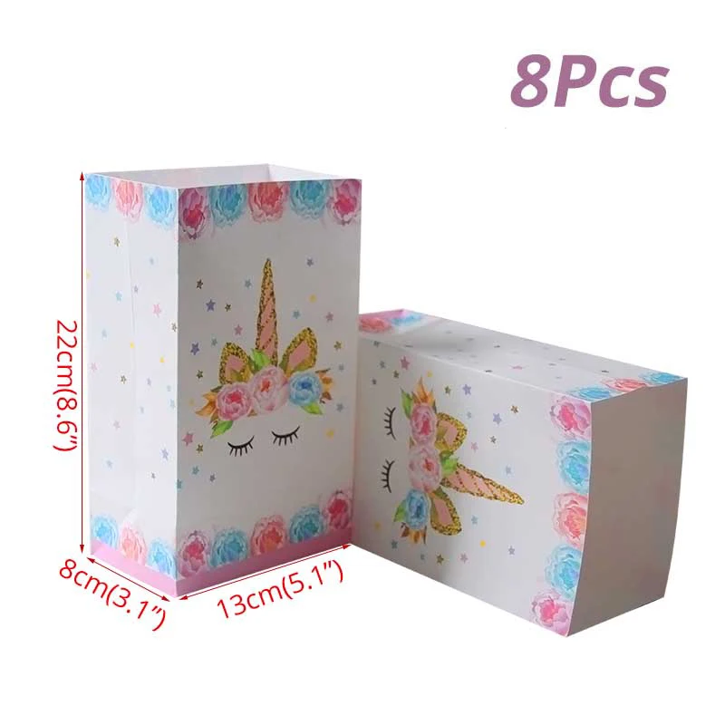 8pcs bags Девичьи вечерние принадлежности в виде единорога, бумажная тарелка в виде единорога, чашка для дня рождения, декорации вечеринок, для детей, угощение гостей, закуски, торты, продукты для детского душа - Цвет: 8pcs bags