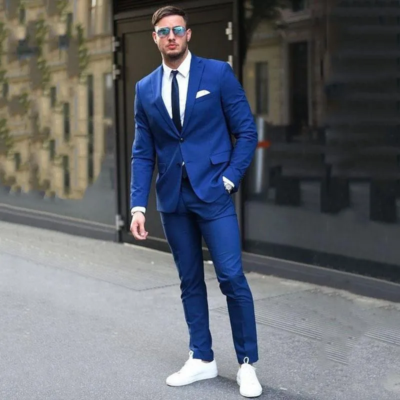 62 Two Buttons Royal Blue Groom Tuxedos Notched Lapel Groomsmen Best Man Suits Mens Wedding Suits (Jacket+Pants) Costume Homme