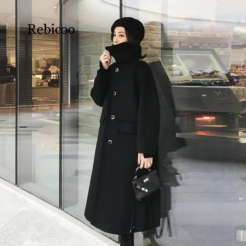 Женское зимнее пальто с длинным рукавом, теплое черное шерстяное женское элегантное двубортное шерстяное пальто размера плюс