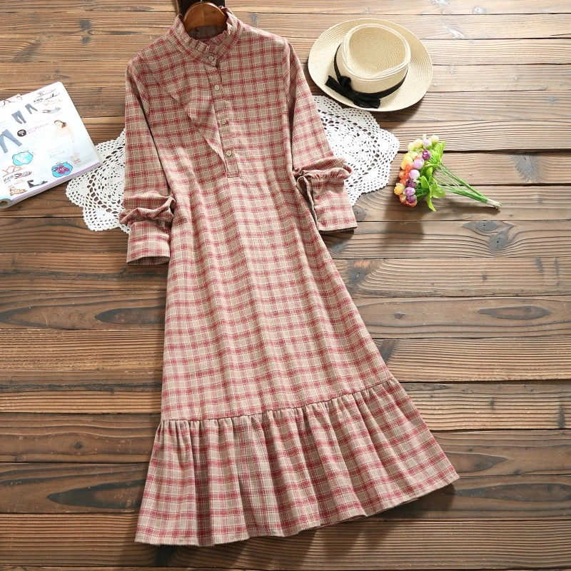 

Spring Autumn Yellow,Red Plaid Dress Ruffles 2019 Women Long Sleeved Long Irregular vintage Dresses M-XXL