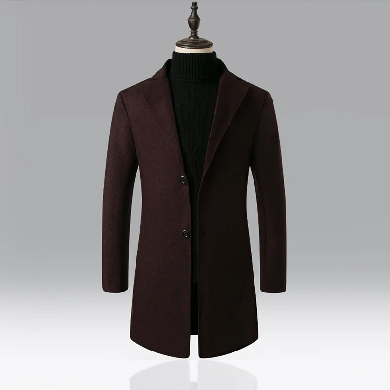 Зимнее осеннее пальто, шерстяное длинное мужское пальто, теплая плотная ветровка, однотонная мужская модная деловая, умная, повседневная, британский стиль