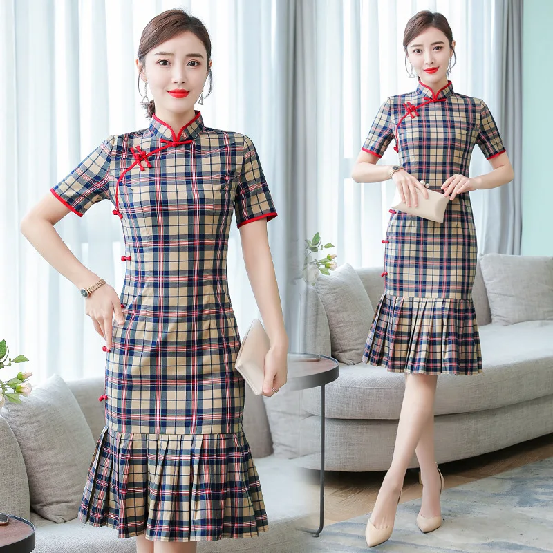 

New Cheongsam Modified Version of Plaid yu wei kuan GIRL'S Daily Life Fresh Short Sleeve Slim Dress Literature And Art Student U