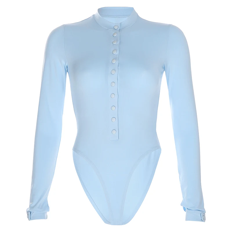Синий Iamhotty Button Blue боди с длинным рукавом и О-образным вырезом, повседневные боди для женщин, комбинезоны, комбинезоны, простые базовые Осенние Комбинезоны - Цвет: Синий