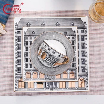 

Square Porcelain Swan Castle Plates Luxury Serving Dinner Steak Dish Plate Kitchen Restaurant Ware Coffee Cup Saucer Home Decor