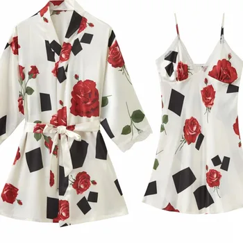 

White Flower Printing Women Twinset Robe Set Summer New Nighty&Robe Set Female Casual 2PCS Sleepwear Loose Home Clothes