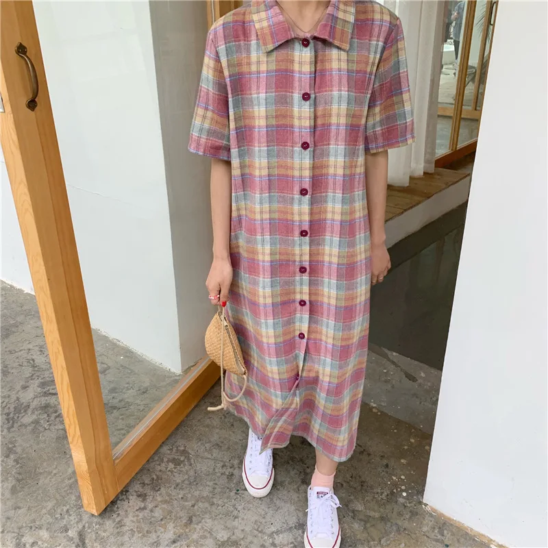 

Photo Shoot 2019 WOMEN'S Dress Summer Retro Plaid Slimming Single Breasted Short Sleeve Shirt Dress