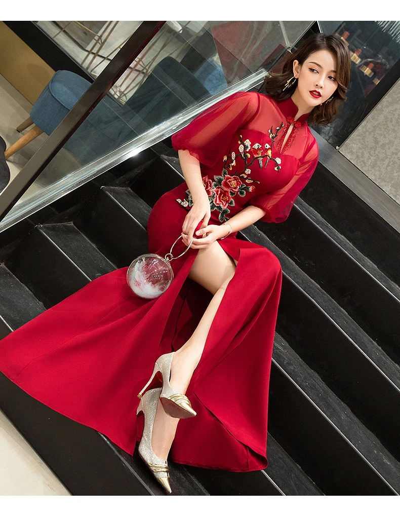 Красное вышитое китайское свадебное платье невесты Cheongsam Qipao Длинные вечерние платья вечерние восточные костюмы весенний новогодний костюм