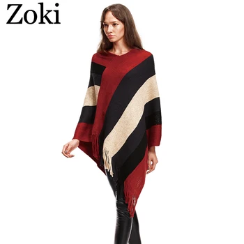 

Zoki Fashion Women Tassel Sweater Shawl Autumn Winter Warm Coat Casual Striped Batwing Sleeve V-neck Ladies Knit Ponchoes 2020
