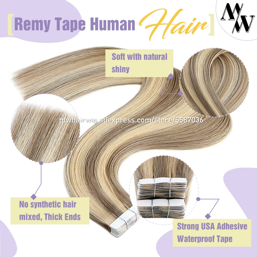 MW Double Drawn Remy Tape In Human Hair Extensions 100% Real Skin Weft Adhesive Glue On Seamless Natural Hair 16/20/24 Inches