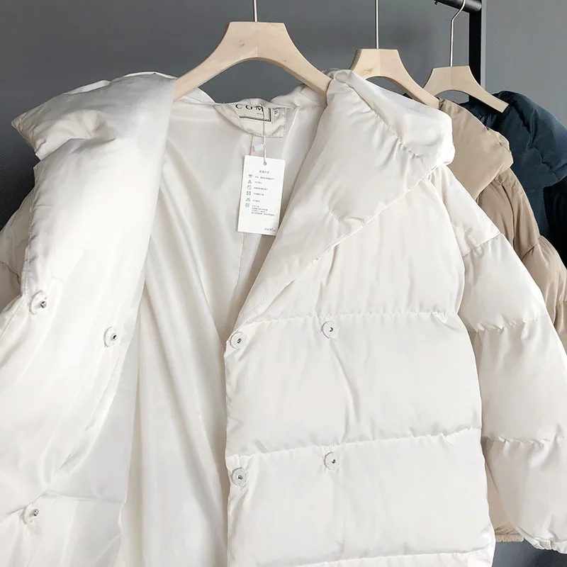 Утолщенная зимняя куртка с капюшоном, женские двубортные однотонные теплые парки, корейская мода, Свободное пальто для женщин 13070