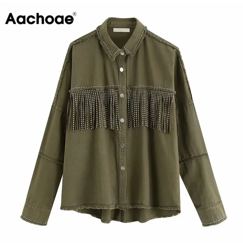 discounted Fashion Tassel Denim Jacket Coat Women Fringe Beaded Patchwork Loose Jacket Long Sleeve Streetwear