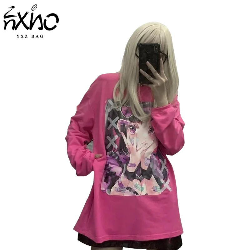 New Women T-Shirts Cartoon Print Tops Long-Sleeves Japanese Streetwear Harajuku Pink Tees Fashion Lady Casual Loose O-Neck