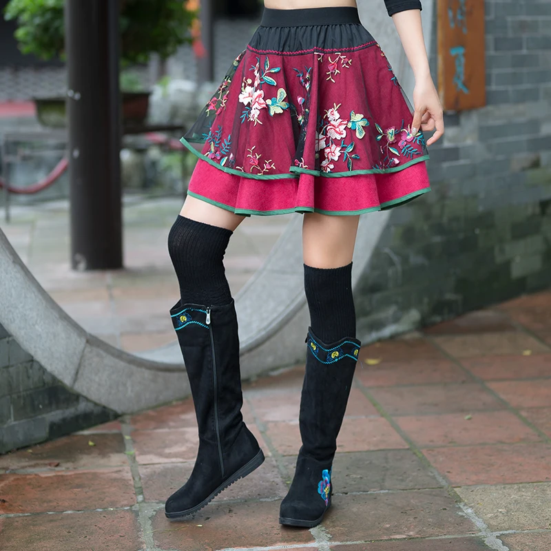 Красный KYQIAO faldas mujer moda богемные Юбки Женский Осенний этнический стиль Испания хиппи зеленый красный Вышивка трапециевидная юбка - Цвет: Красный