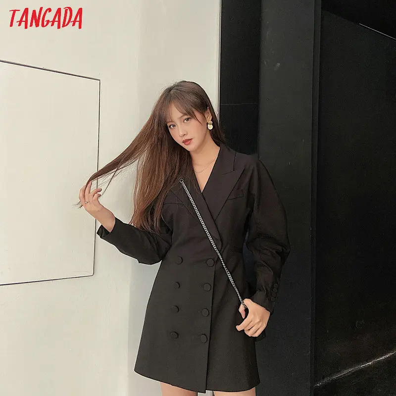 Tangada женское элегантное черное платье Блейзер двубортное Летучая мышь с длинным рукавом Винтажный стиль женские мини платья vestidos JE96