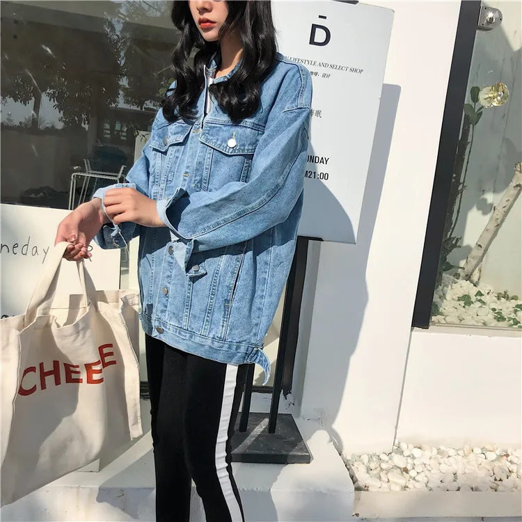 New Solid Turn-down Collar Jean Jacket for Women Loose Casual Blue Fashionable Women Coats Female outwear Denim Feminine