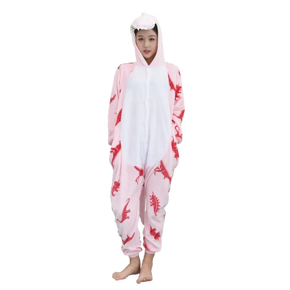 Dinosaur Kigurumis Unisex Pajama Overalls Home Wear Green Pink Animal Onesie Winter Warm Flannel Funny Jumpsuit Adult