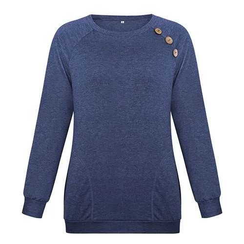 dark blue Свободные женские футболки, повседневные одноцветные Женские топы с круглым вырезом и пуговицами, модные элегантные женские топы, новая женская верхняя одежда - Цвет: dark blue