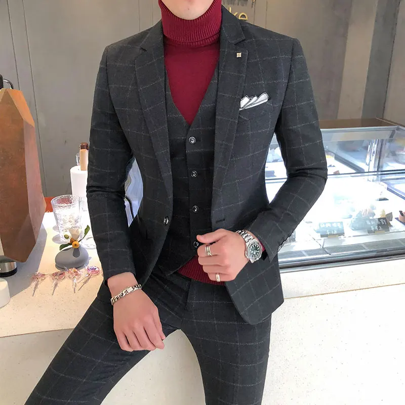 3 Pieces Suits Jackets+Pants+Vest Wedding Dress Suits For Men Blue Plaid Formal wear Suits New Men Slim Groom Suits Size XS-5XL