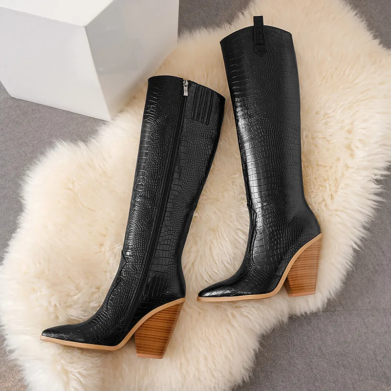 FEDONAS Big Size Chunky Heels Warm Female Leather Western Boots Winter New Women Knee High Boots Party Night Club Shoes Woman