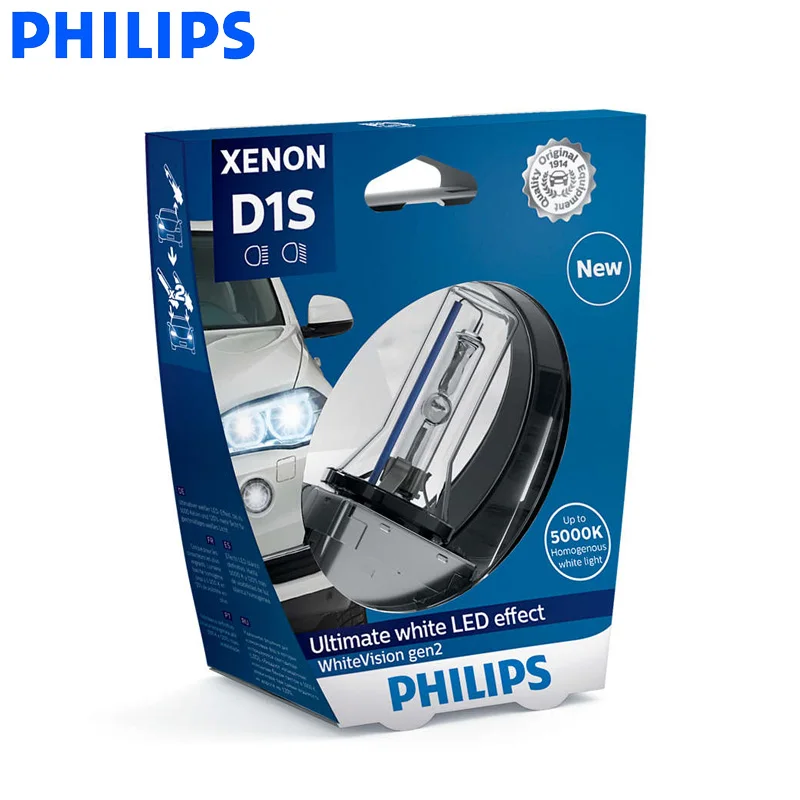 Philips Xenon WhiteVision gen2 D1S автомобильный головной светильник ксеноновая HID лампа 5000K белый светильник авто лампа+ 120% более яркий 85415WHV2S1, 1X
