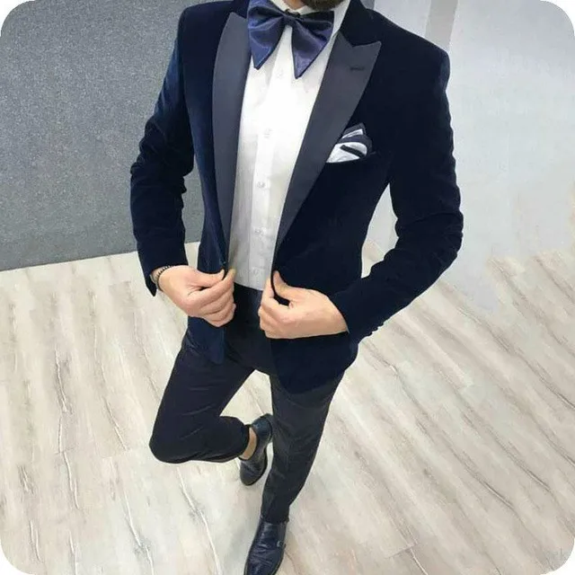 Fashion Mens Suit 2 Pieces Peaked Collar Velvet Fabric V Neck Tuxedos for Wedding Groomsmen Suits Men(Jackets+ Pants