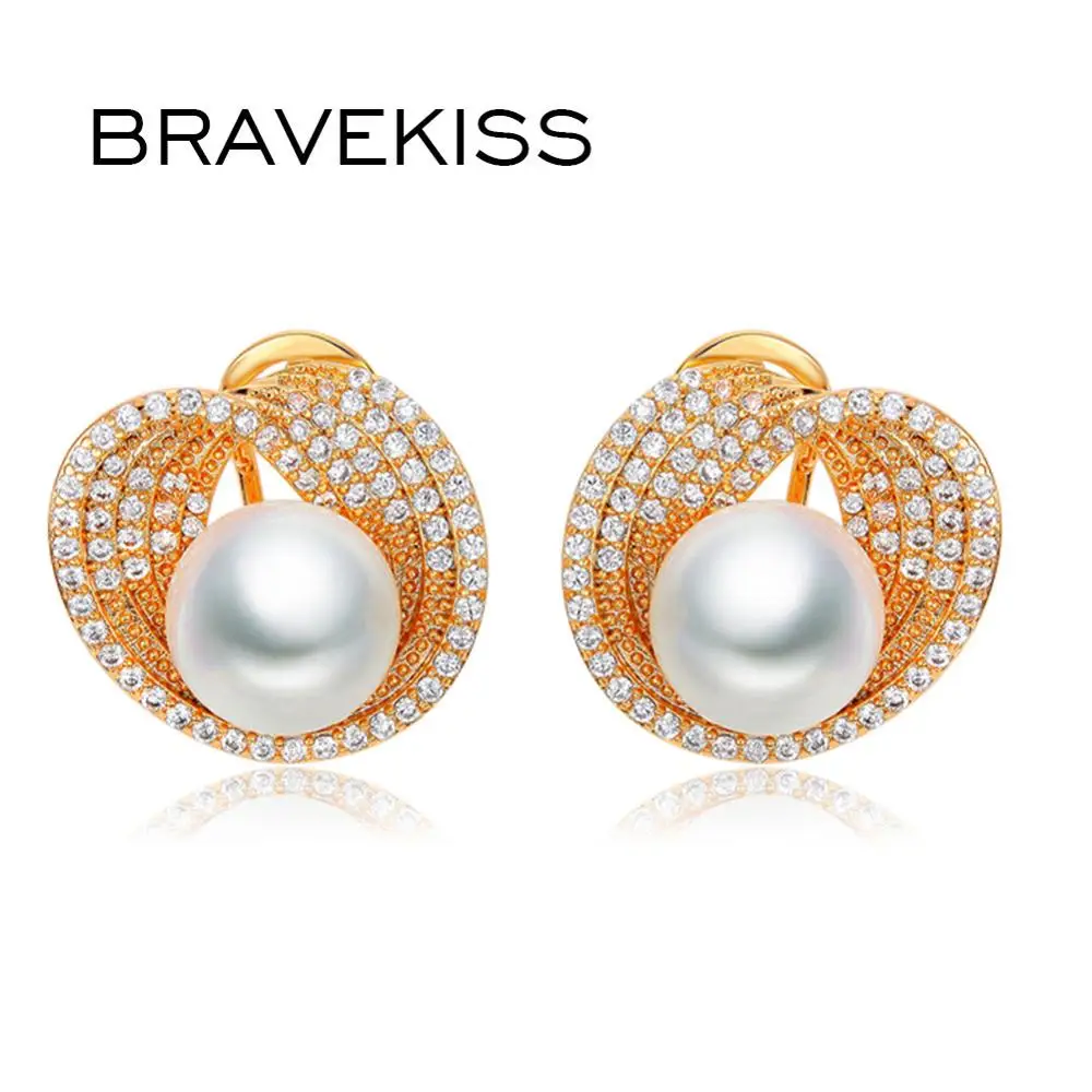 

BRAVEKISS 10mm Shell Powder Synthetic Pearl Tiny Cubic Zirconia Gold-color French Clip Stud Earrings for Women Brincos BUE0189A