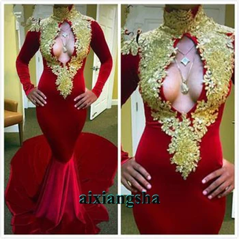 

Aixiangsha Red High Neck Evening Dresses Mermaid Spandex Appliques Prom Celebrity Robe De Soiree Wedding Graduate Party Gown