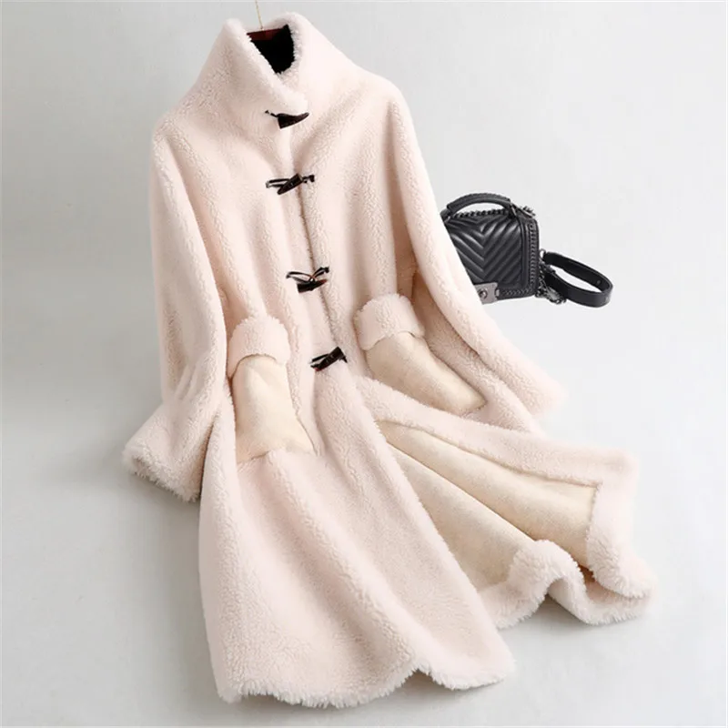 beige Модная шуба из зернистой овечьей шерсти, новинка года, корейское длинное пальто из композитного меха, зимняя женская одежда, XA92 - Цвет: beige